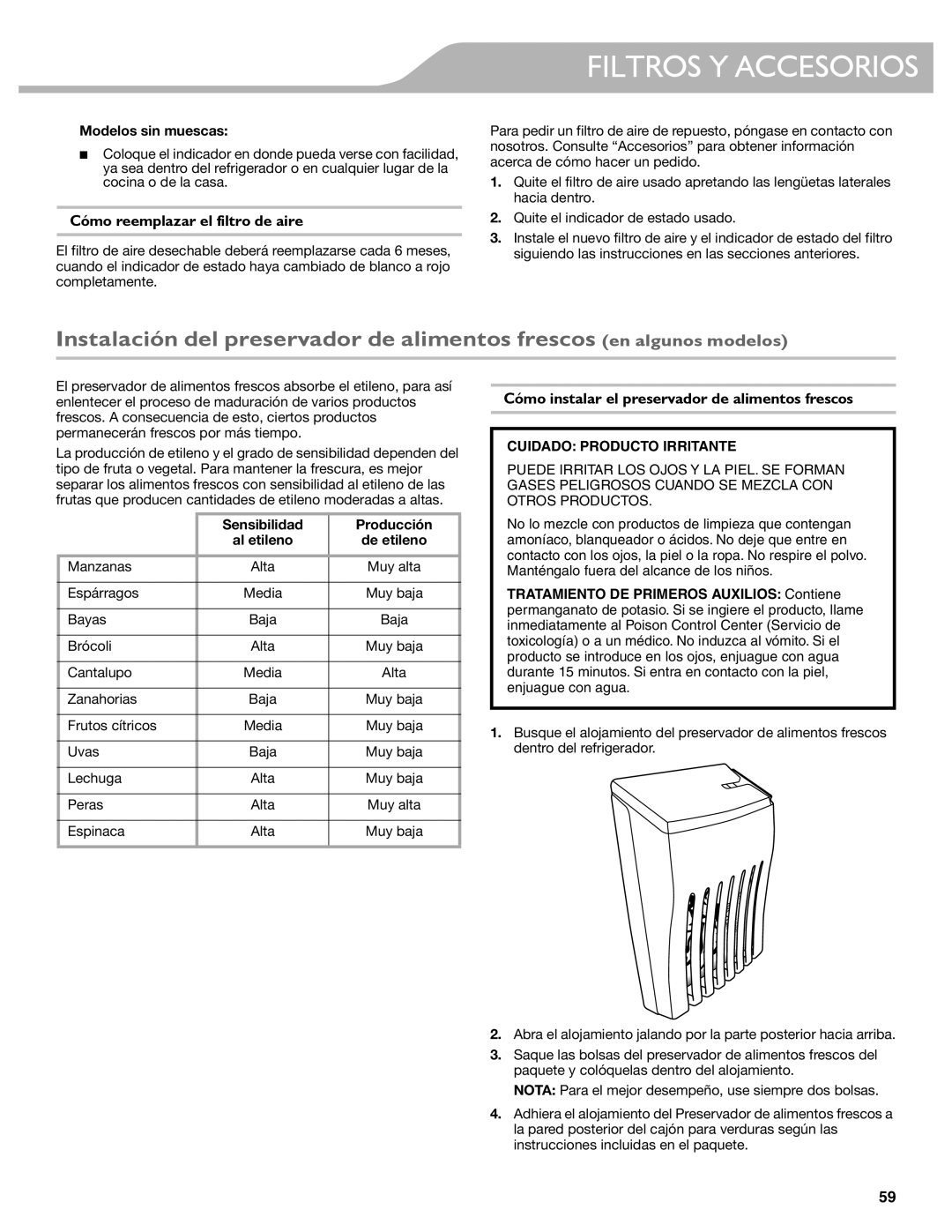 KitchenAid KFIS29PBMS, KFIS29BBMS Cómo reemplazar el filtro de aire, Cómo instalar el preservador de alimentos frescos 