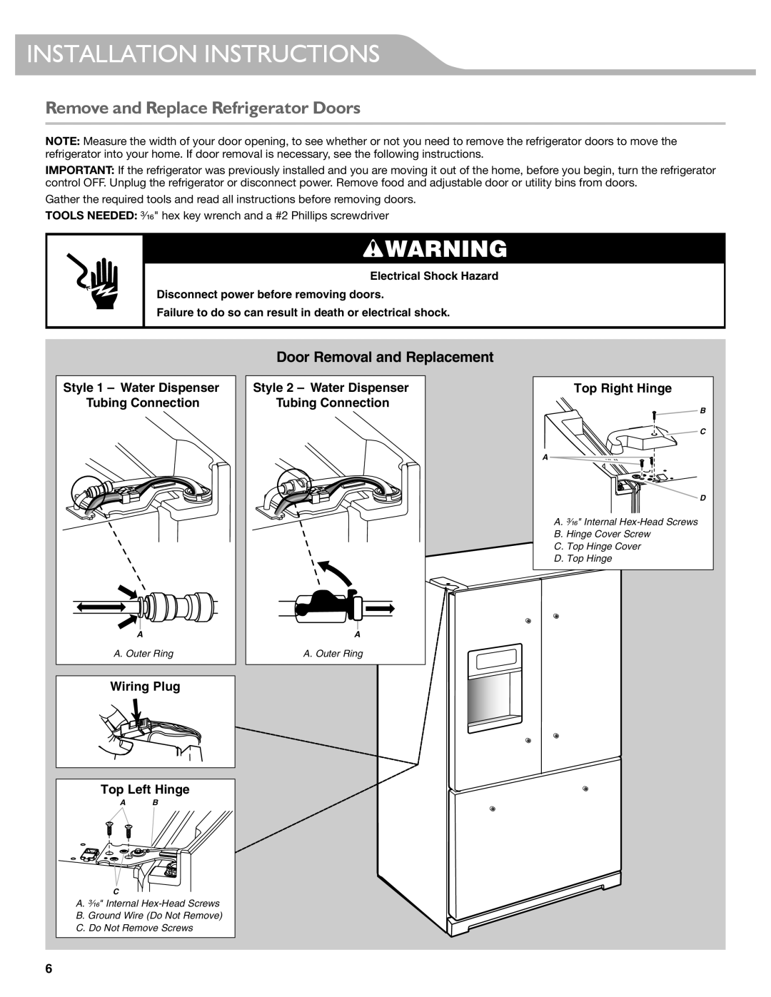 KitchenAid KFIS29BBMS, KFIS29PBMS manual Remove and Replace Refrigerator Doors, Door Removal and Replacement 