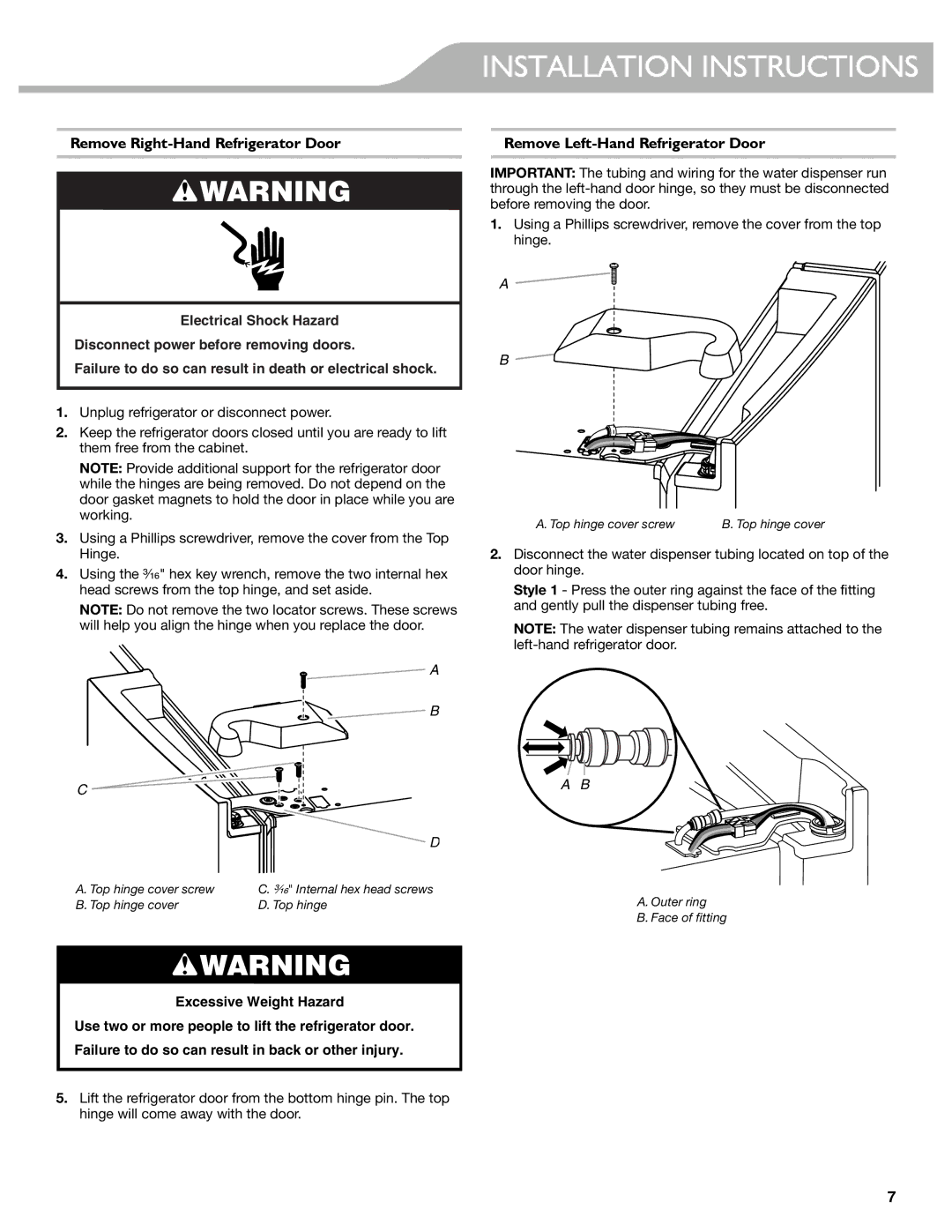 KitchenAid KFIS29PBMS, KFIS29BBMS manual Remove Right-Hand Refrigerator Door, Remove Left-Hand Refrigerator Door 