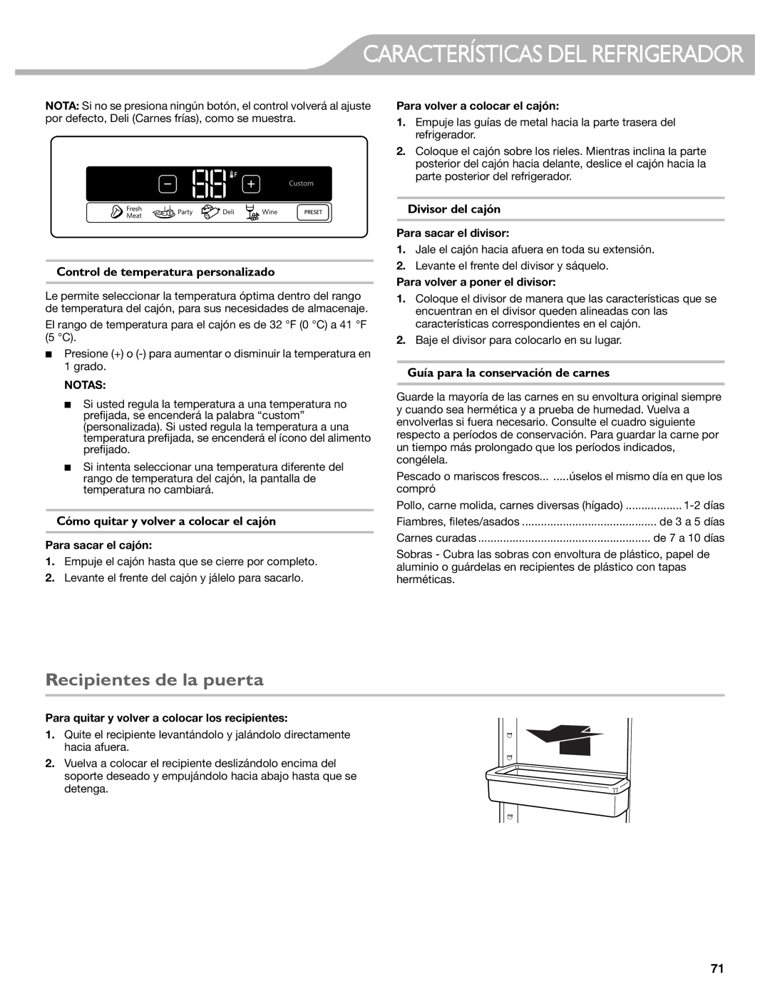 KitchenAid KFIS29PBMS, KFIS29BBMS manual Recipientes de la puerta, Control de temperatura personalizado, Divisor del cajón 