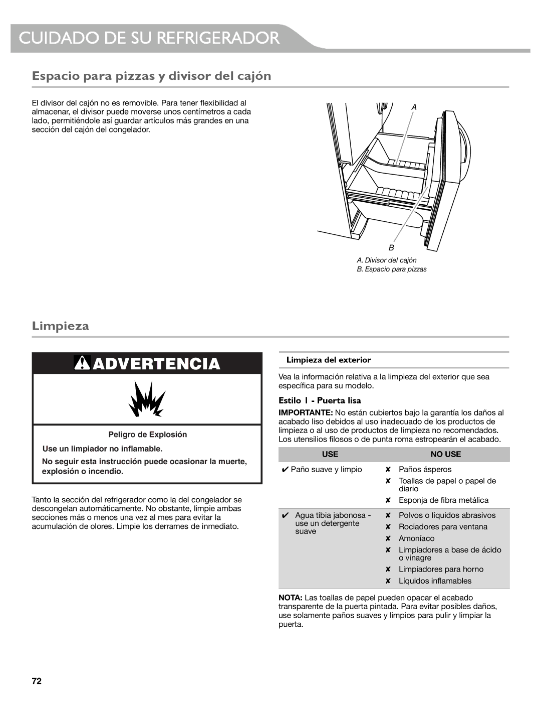 KitchenAid KFIS29BBMS Cuidado DE SU Refrigerador, Espacio para pizzas y divisor del cajón, Limpieza, Estilo 1 Puerta lisa 