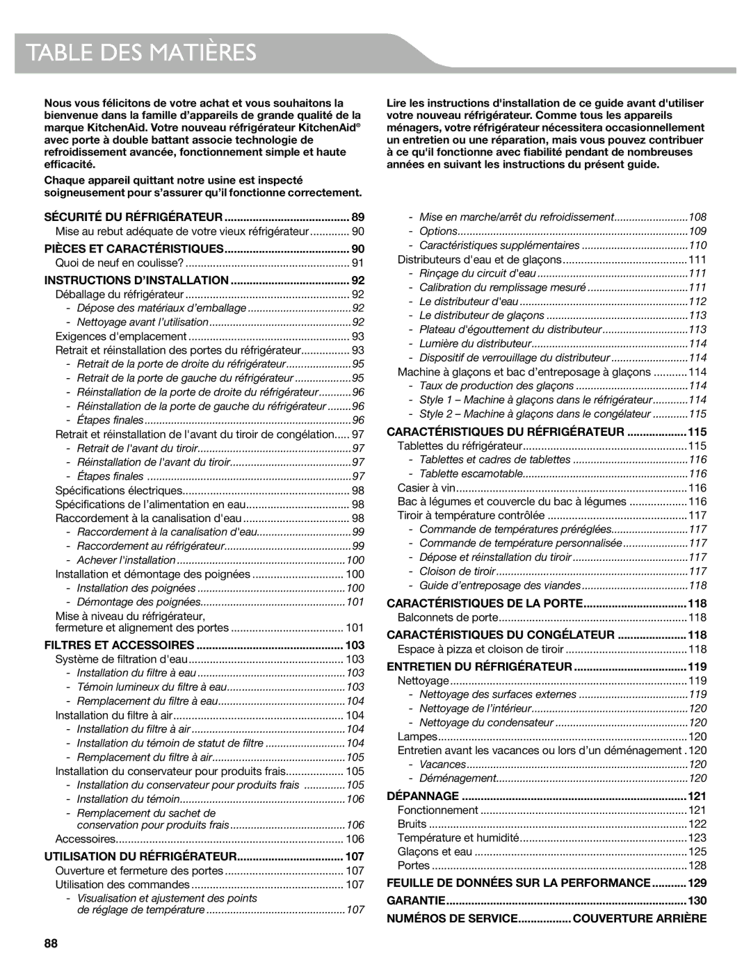 KitchenAid KFIS29BBMS, KFIS29PBMS manual Table DES Matières, 103, 107 