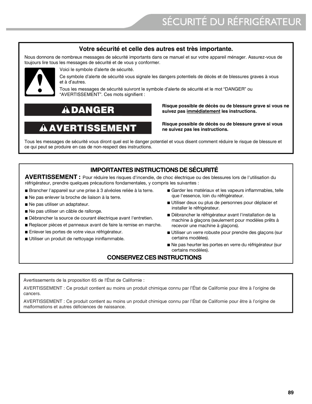 KitchenAid KFIS29PBMS, KFIS29BBMS manual Sécurité DU Réfrigérateur, Votre sécurité et celle des autres est très importante 