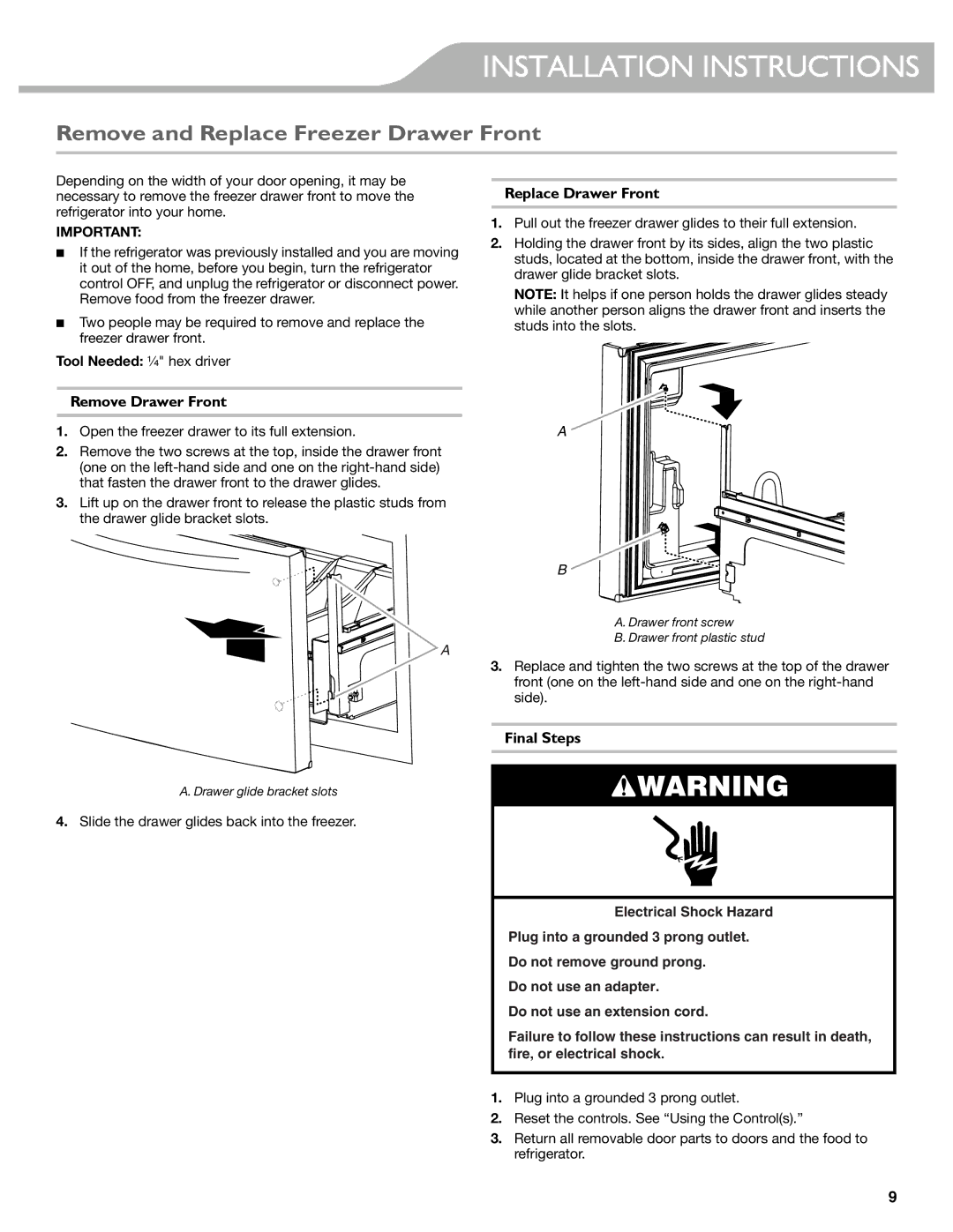 KitchenAid KFIS29PBMS, KFIS29BBMS manual Remove and Replace Freezer Drawer Front, Remove Drawer Front, Replace Drawer Front 