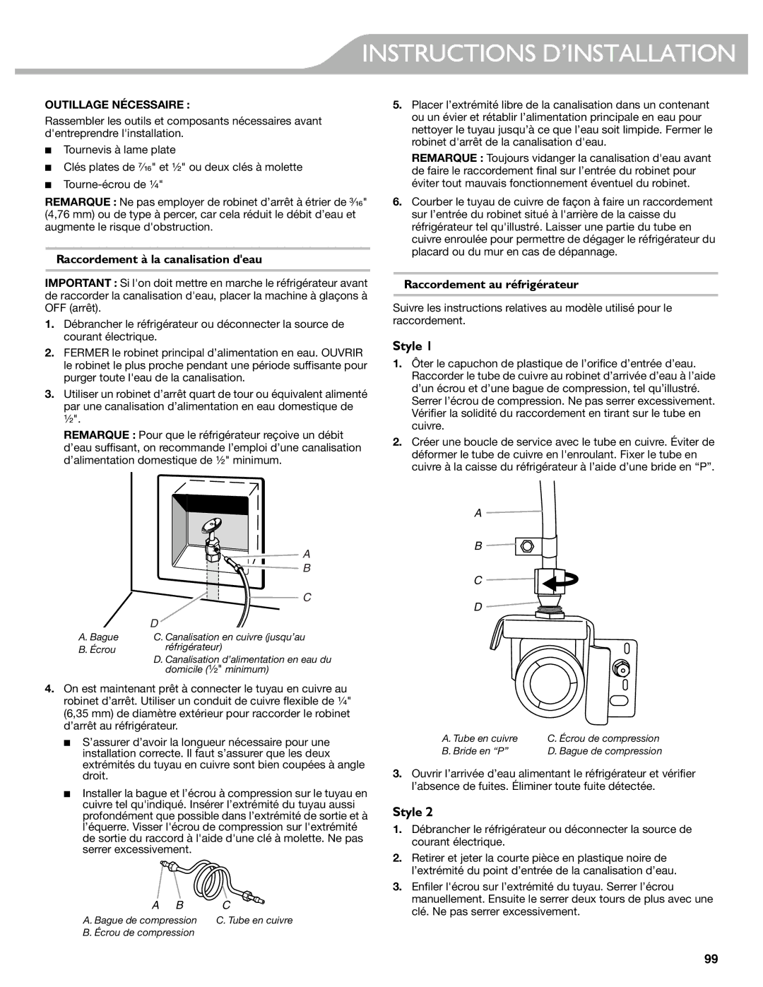 KitchenAid KFIS29PBMS, KFIS29BBMS Raccordement à la canalisation deau, Raccordement au réfrigérateur, Outillage Nécessaire 