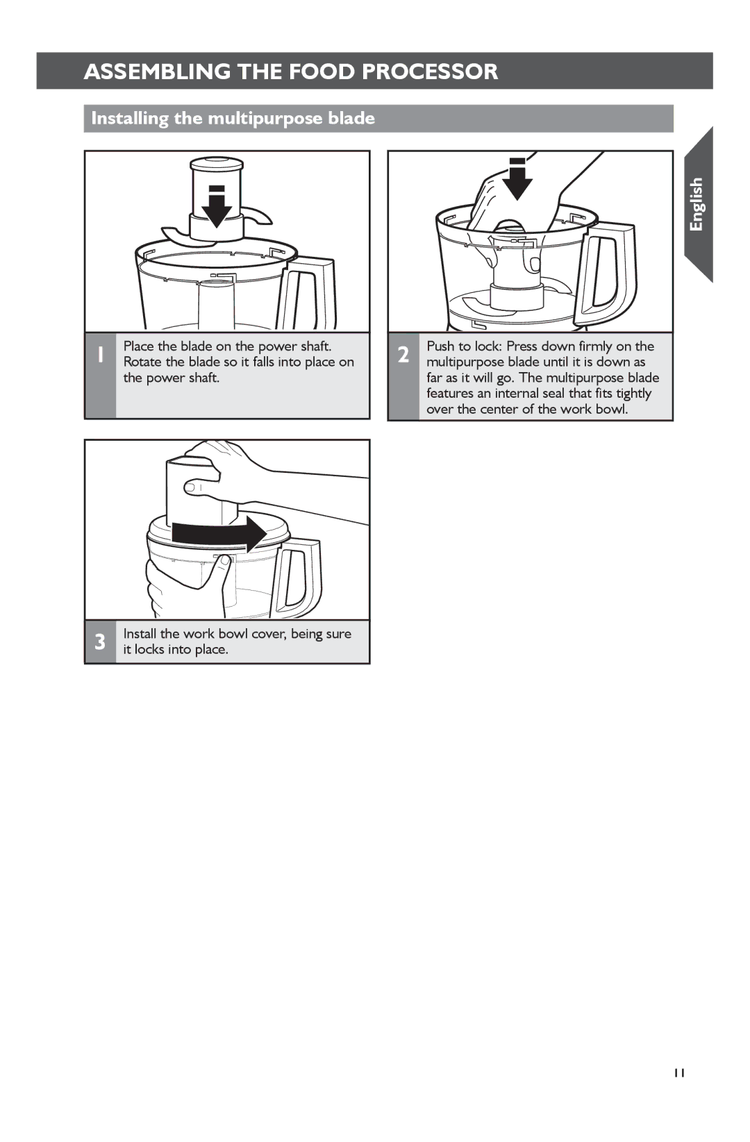 KitchenAid KFP0722 manual Installing the multipurpose blade, Place the blade on the power shaft, Power shaft 