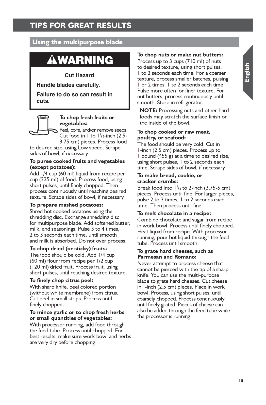 KitchenAid KFP0722 manual Tips for Great Results, Using the multipurpose blade 