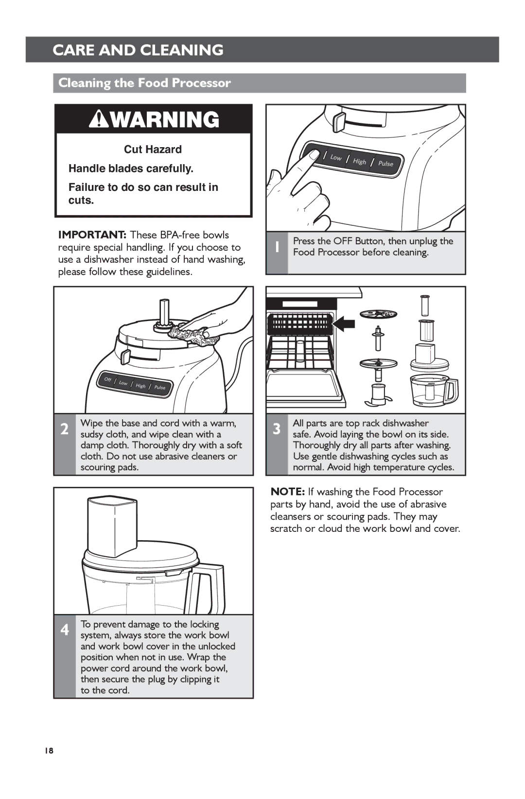 KitchenAid KFP0722 manual Care and Cleaning, Cleaning the Food Processor, Sudsy cloth, and wipe clean with a 