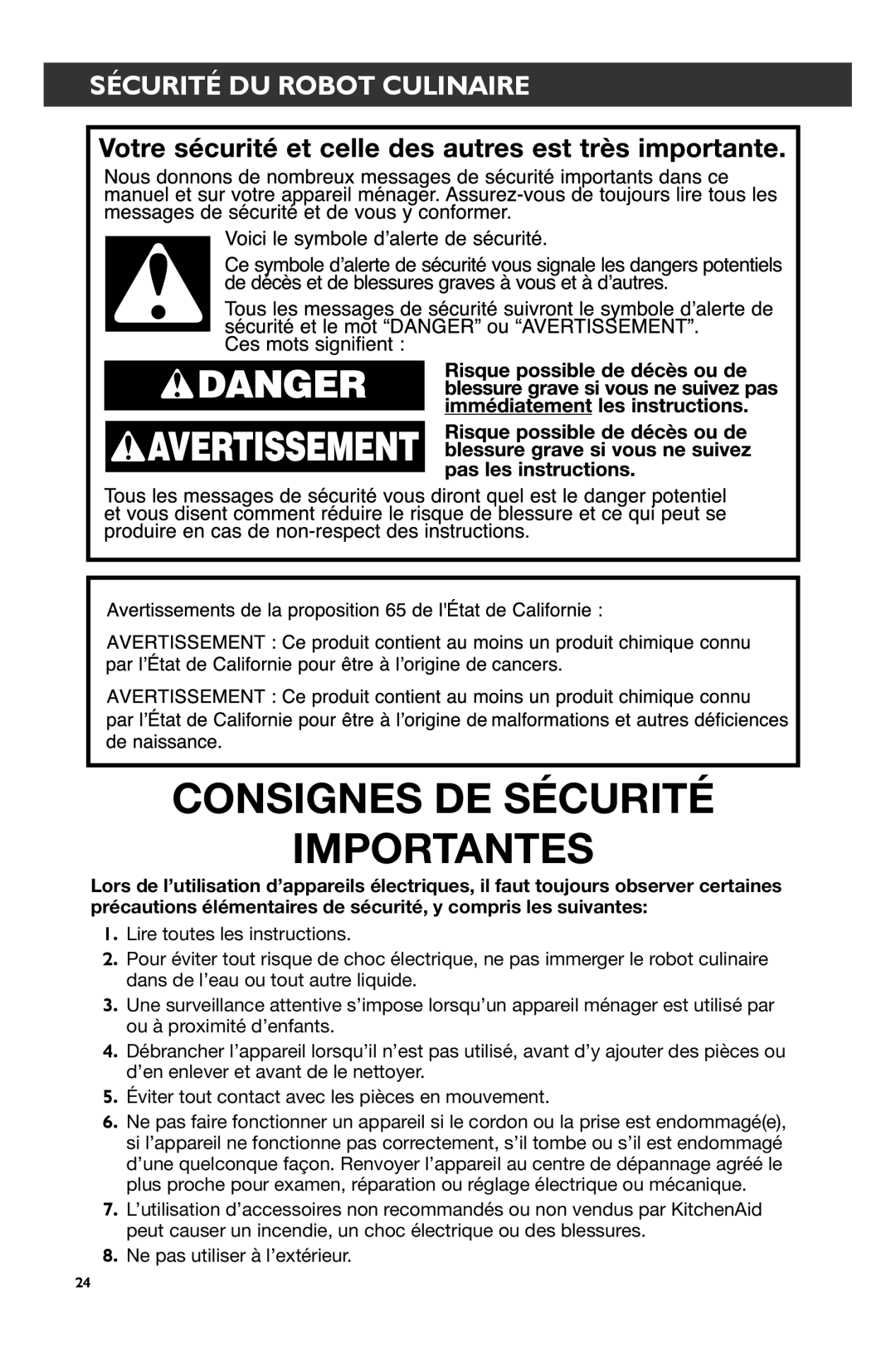 KitchenAid KFP0722 manual Consignes DE Sécurité Importantes, Sécurité DU Robot Culinaire 