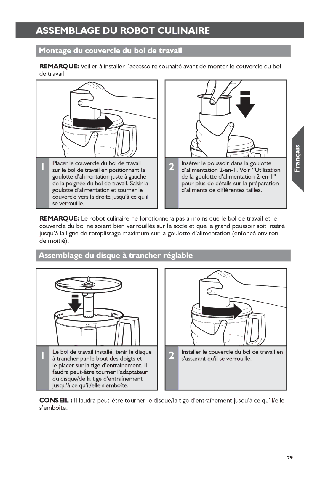 KitchenAid KFP0722 manual Montage du couvercle du bol de travail, Assemblage du disque à trancher réglable 