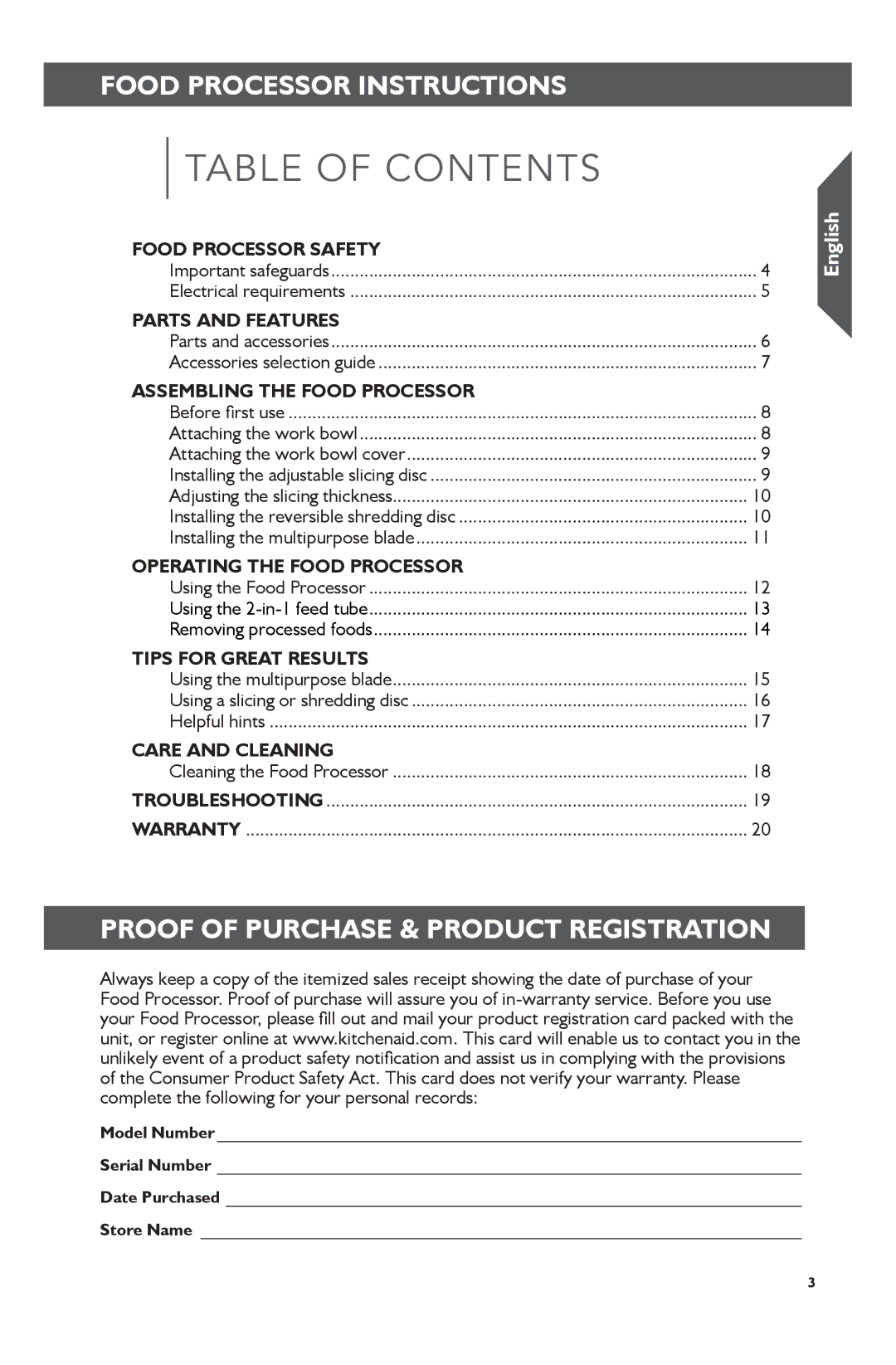 KitchenAid KFP0722 manual Table of Contents 