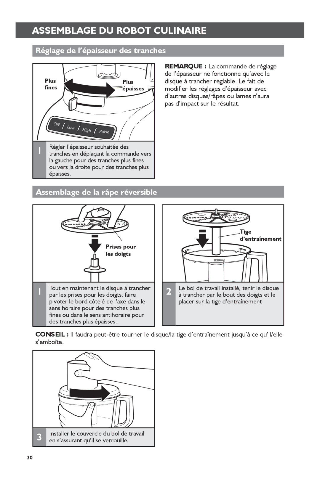 KitchenAid KFP0722 manual Réglage de l’épaisseur des tranches, Assemblage de la râpe réversible 