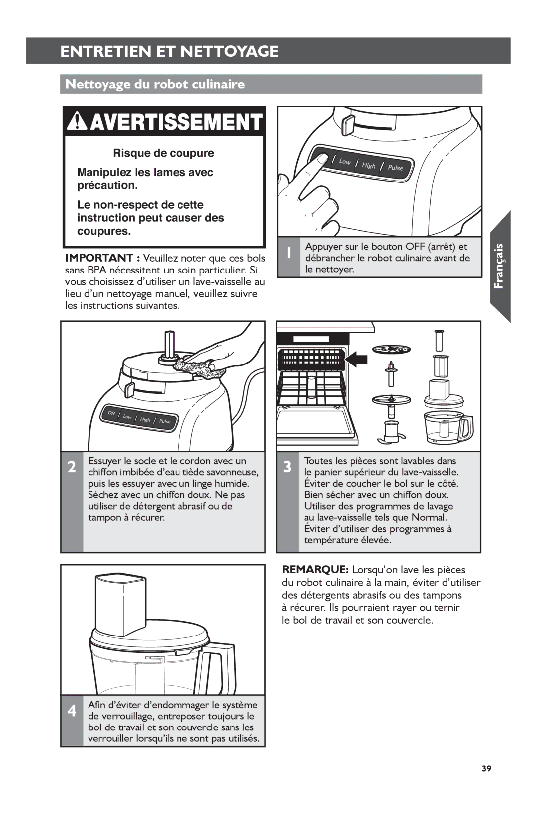 KitchenAid KFP0722 manual Entretien ET Nettoyage, Nettoyage du robot culinaire, Le nettoyer 