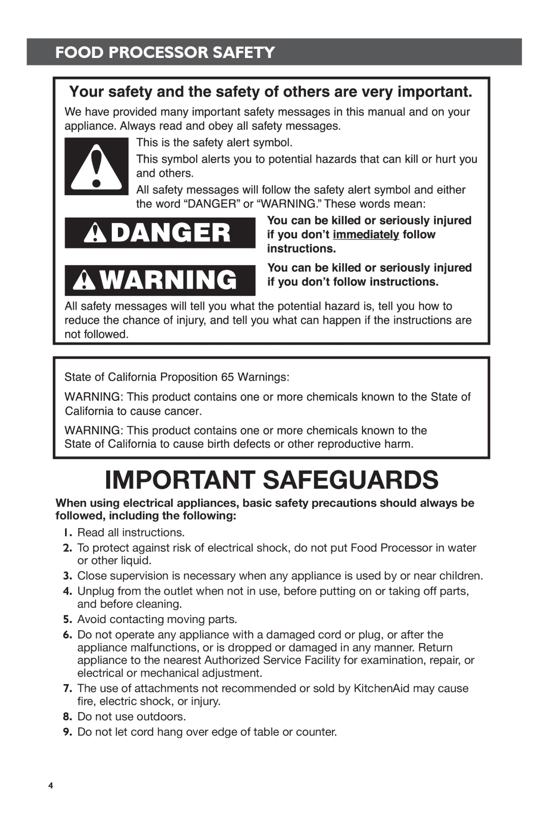 KitchenAid KFP0722 manual Important Safeguards, Food Processor Safety 