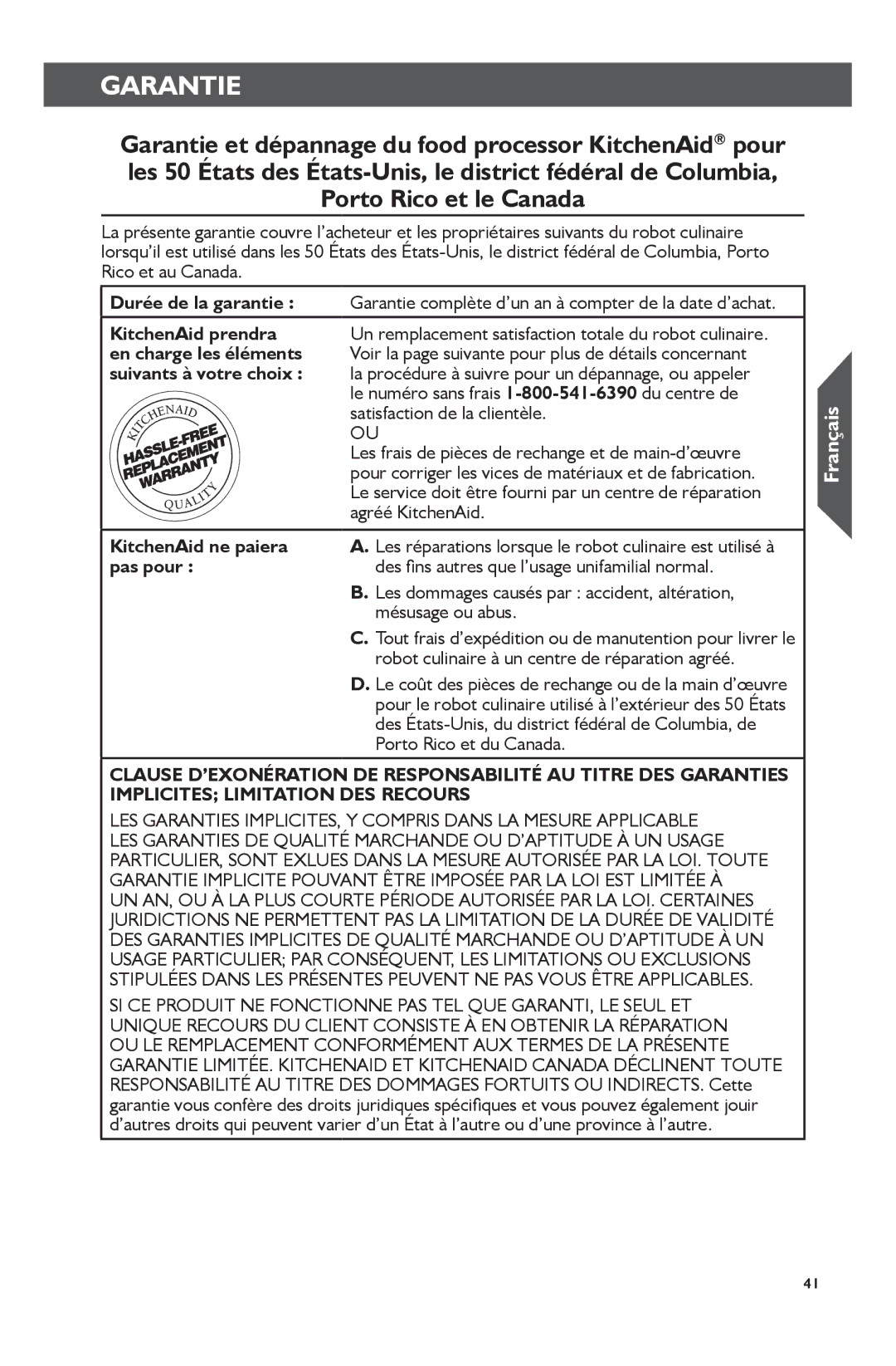 KitchenAid KFP0722 manual Garantie 