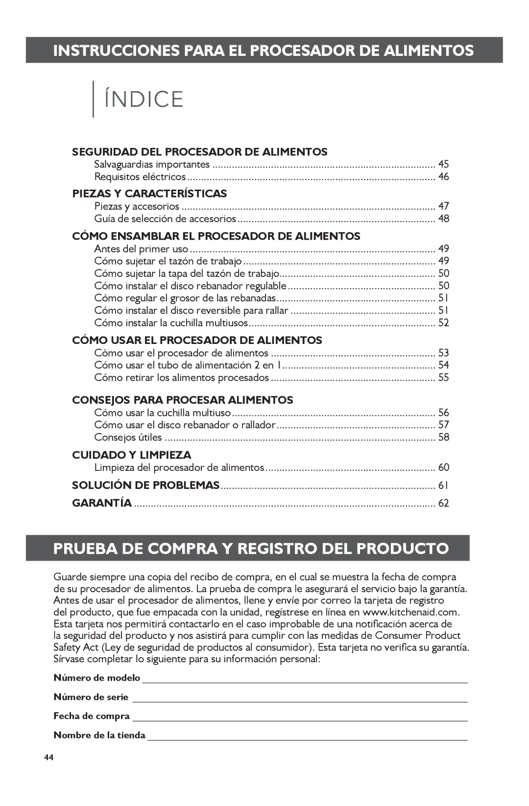 KitchenAid KFP0722 manual Instrucciones Para EL Procesador DE Alimentos, Prueba DE Compra Y Registro DEL Producto 