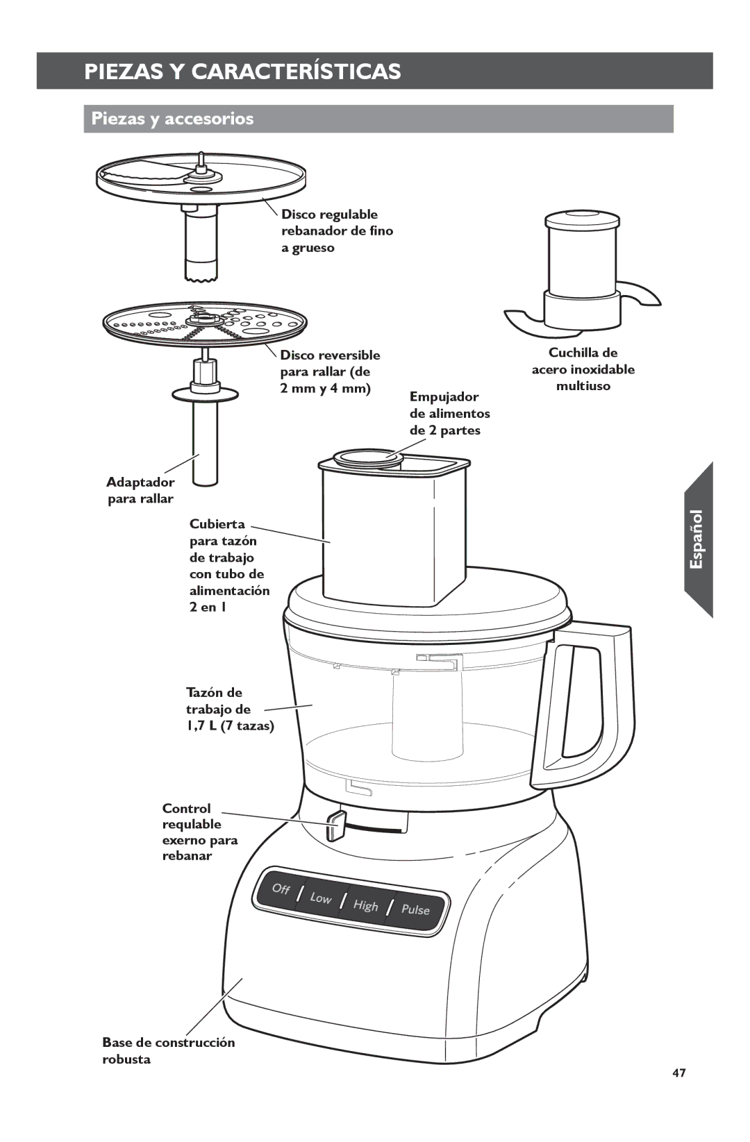 KitchenAid KFP0722 manual Piezas Y Características, Piezas y accesorios, Mm y 4 mm, Cuchilla de Acero inoxidable Multiuso 