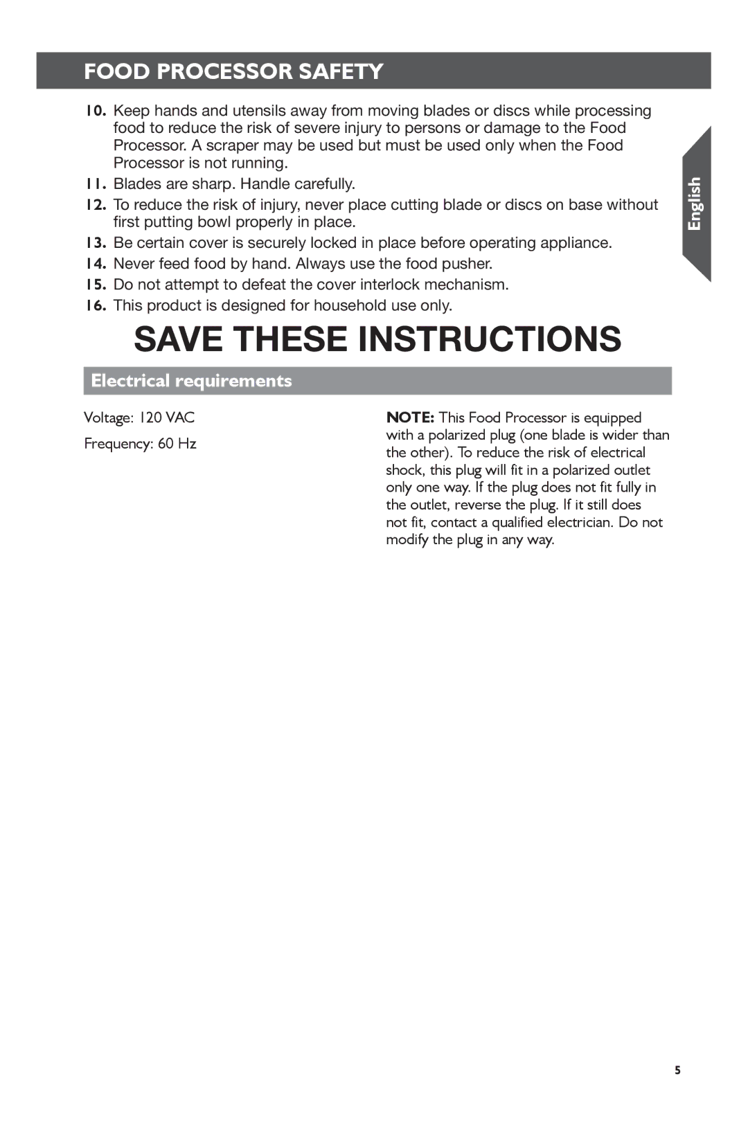 KitchenAid KFP0722 manual Electrical requirements, Voltage 120 VAC Frequency 60 Hz 