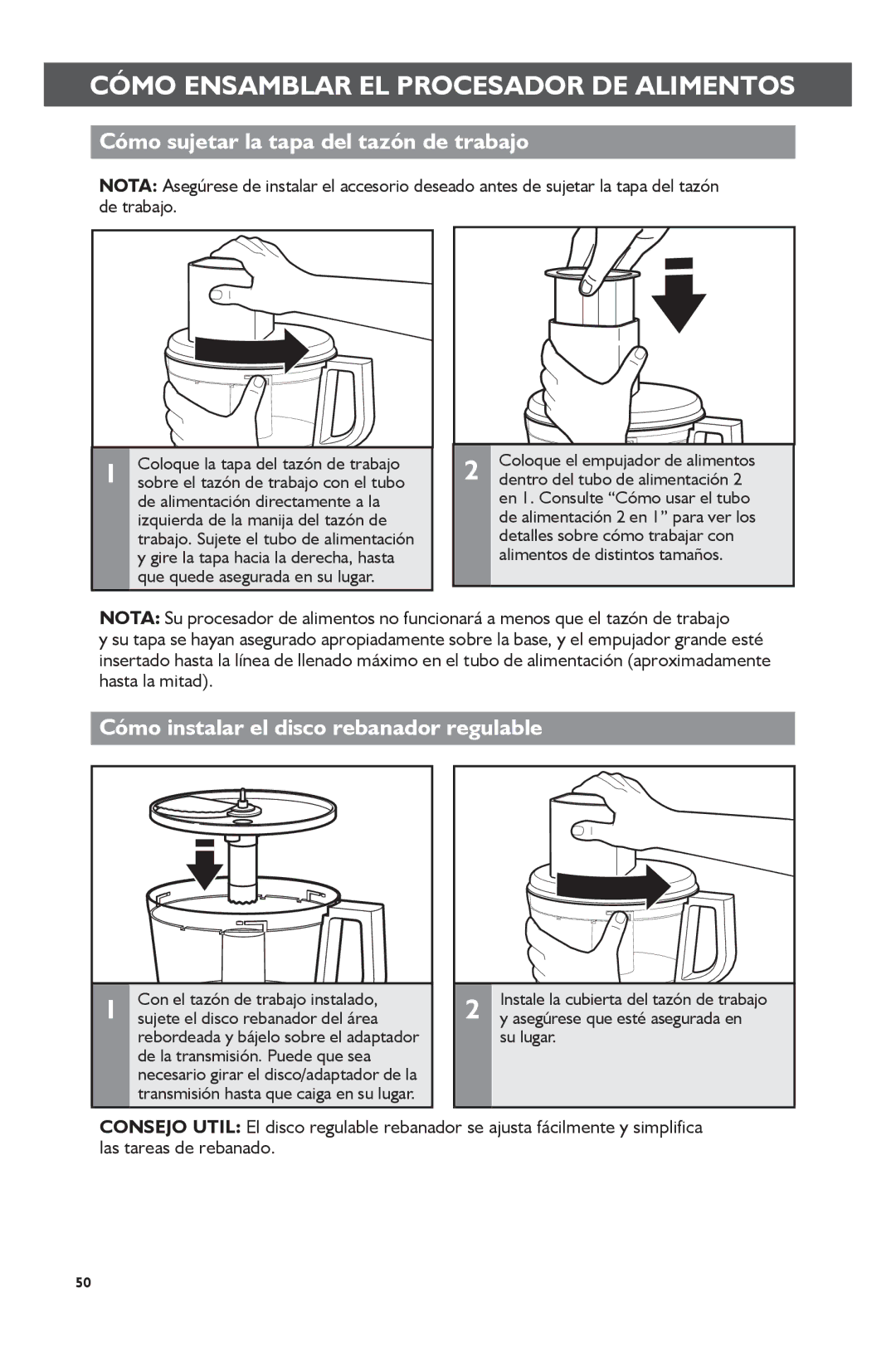 KitchenAid KFP0722 manual Cómo sujetar la tapa del tazón de trabajo, Cómo instalar el disco rebanador regulable, Su lugar 