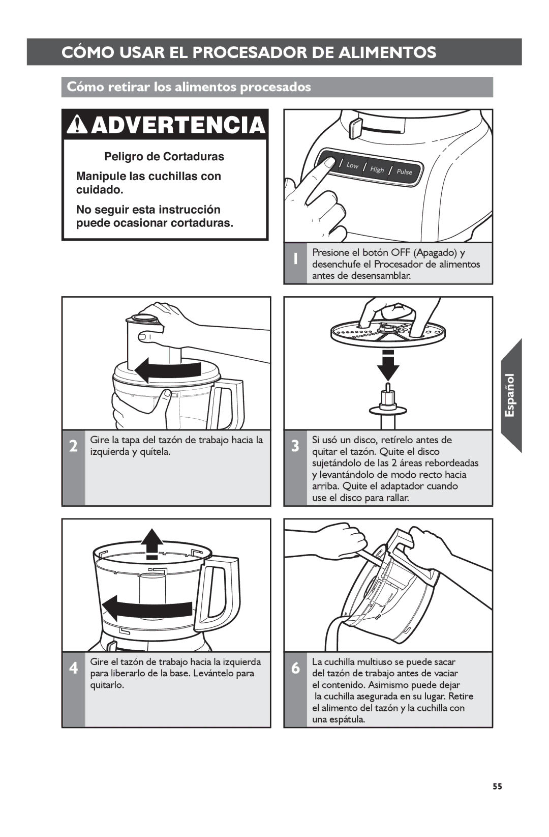 KitchenAid KFP0722 manual Cómo retirar los alimentos procesados 