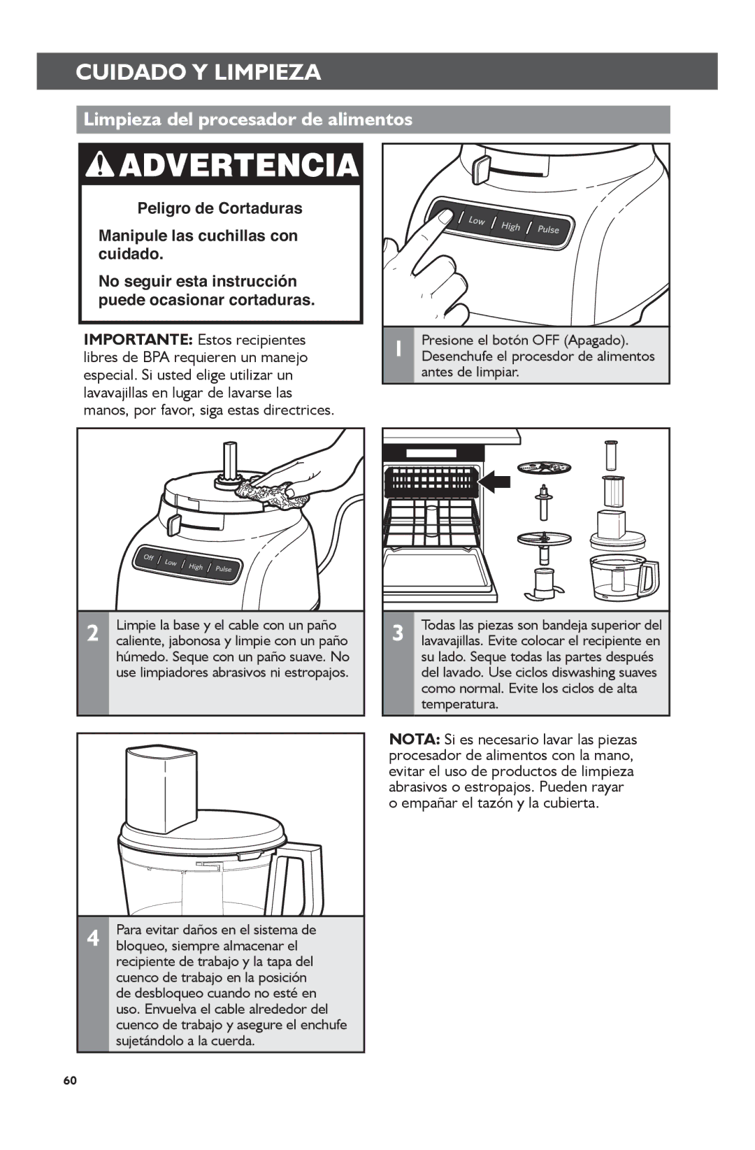 KitchenAid KFP0722 manual Cuidado Y Limpieza, Limpieza del procesador de alimentos, Antes de limpiar 