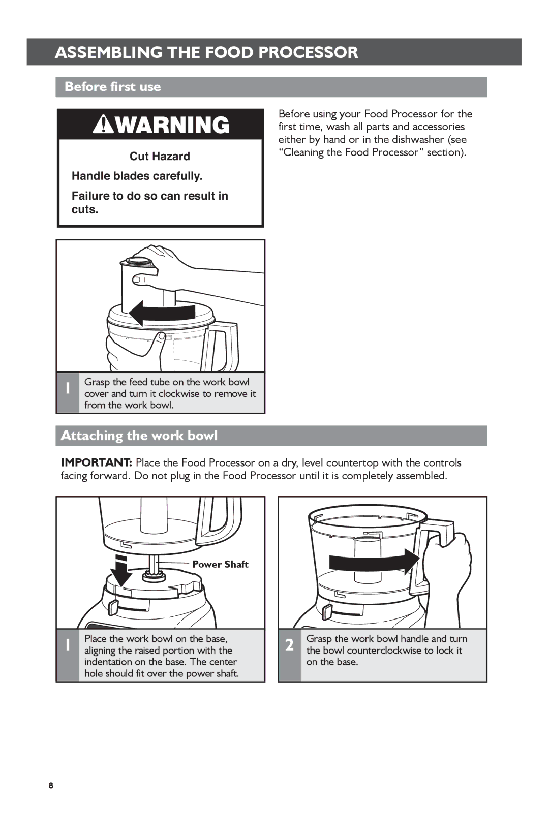 KitchenAid KFP0722 manual Assembling the Food Processor, Before first use, Attaching the work bowl, Power Shaft 