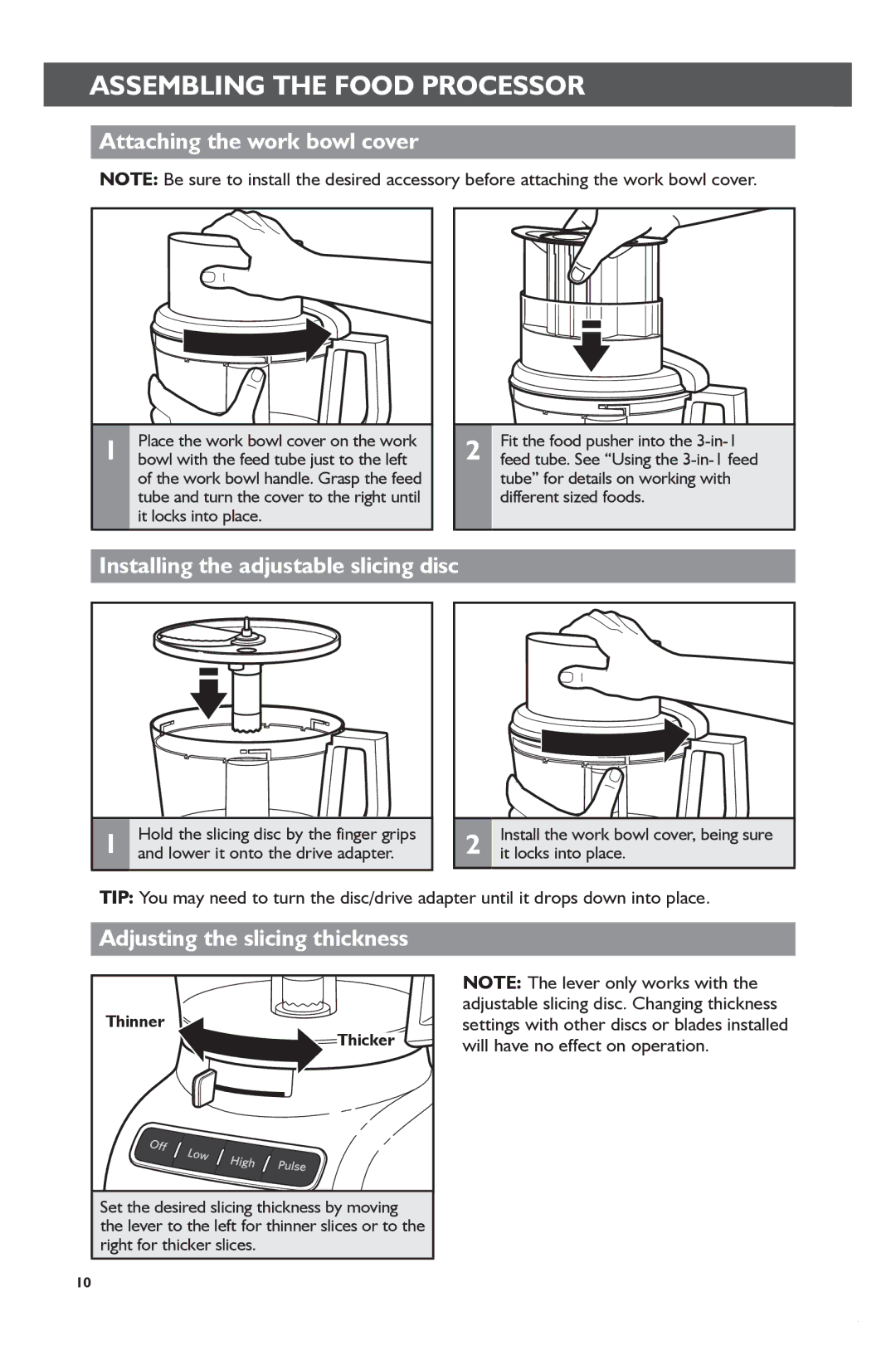 KitchenAid KFP1133 Attaching the work bowl cover, Installing the adjustable slicing disc, Adjusting the slicing thickness 