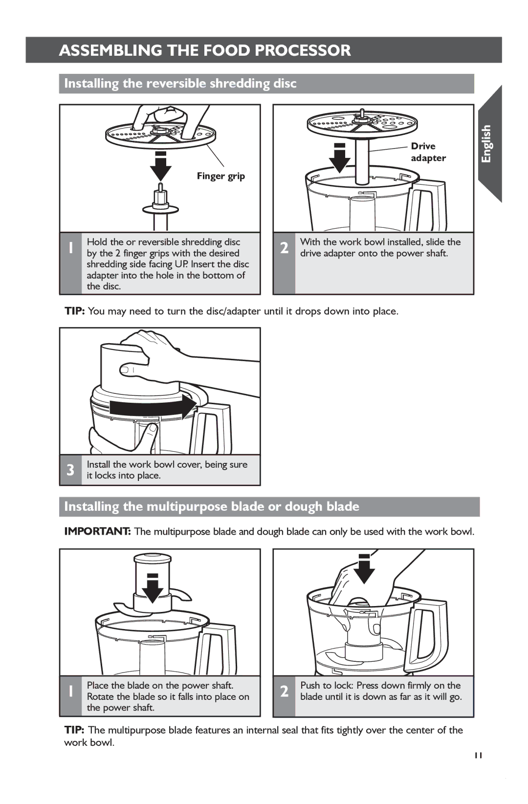 KitchenAid KFP1133 Installing the reversible shredding disc, Installing the multipurpose blade or dough blade, Finger grip 