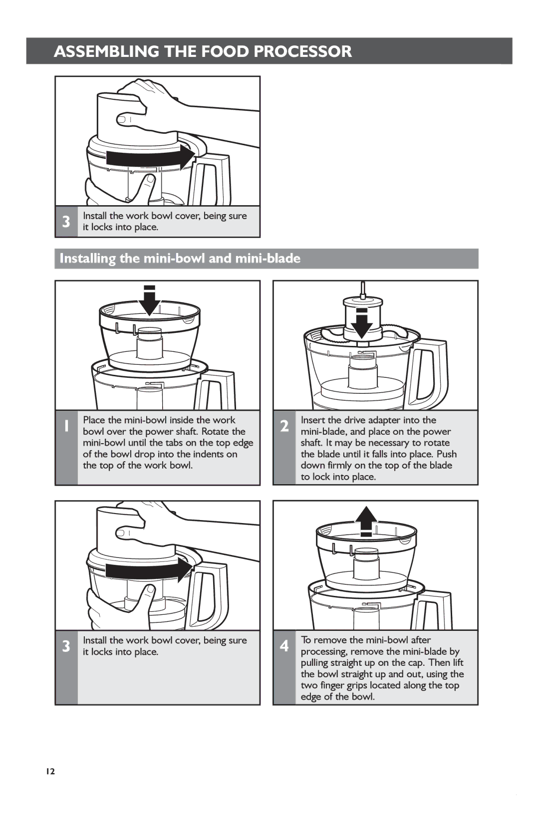 KitchenAid KFP1133 manual Installing the mini-bowl and mini-blade, Place the mini-bowl inside the work 