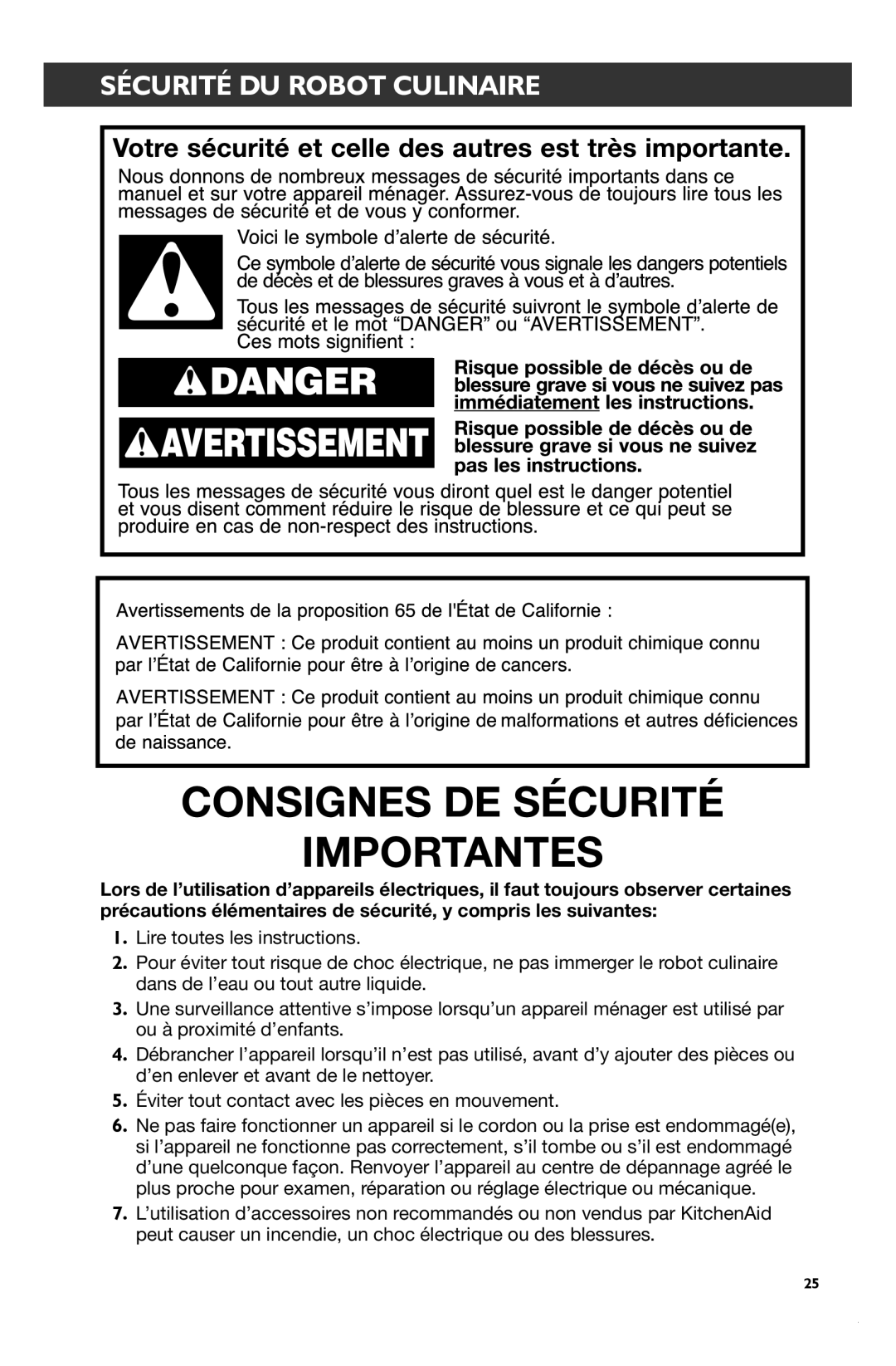 KitchenAid KFP1133 manual Consignes DE Sécurité Importantes, Sécurité DU Robot Culinaire 