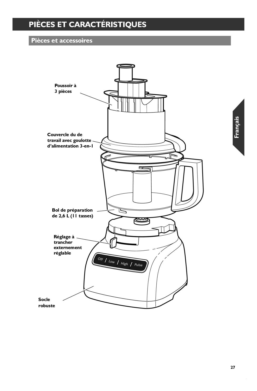 KitchenAid KFP1133 manual Pièces ET Caractéristiques, Pièces et accessoires, Couvercle du de, Socle Robuste 