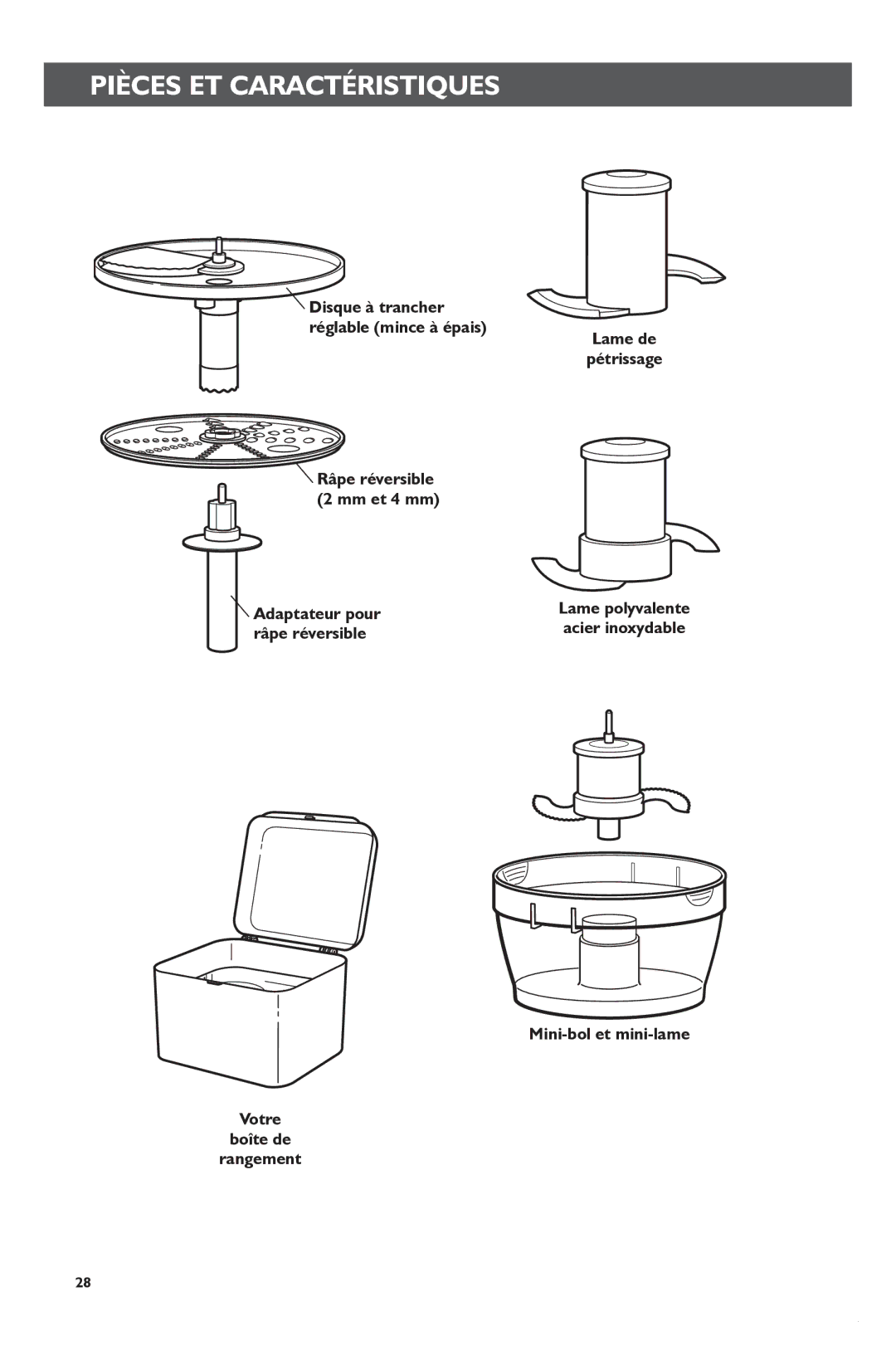 KitchenAid KFP1133 Lame de Pétrissage, Adaptateur pour, Râpe réversible, Mini-bol et mini-lame Votre Boîte de Rangement 