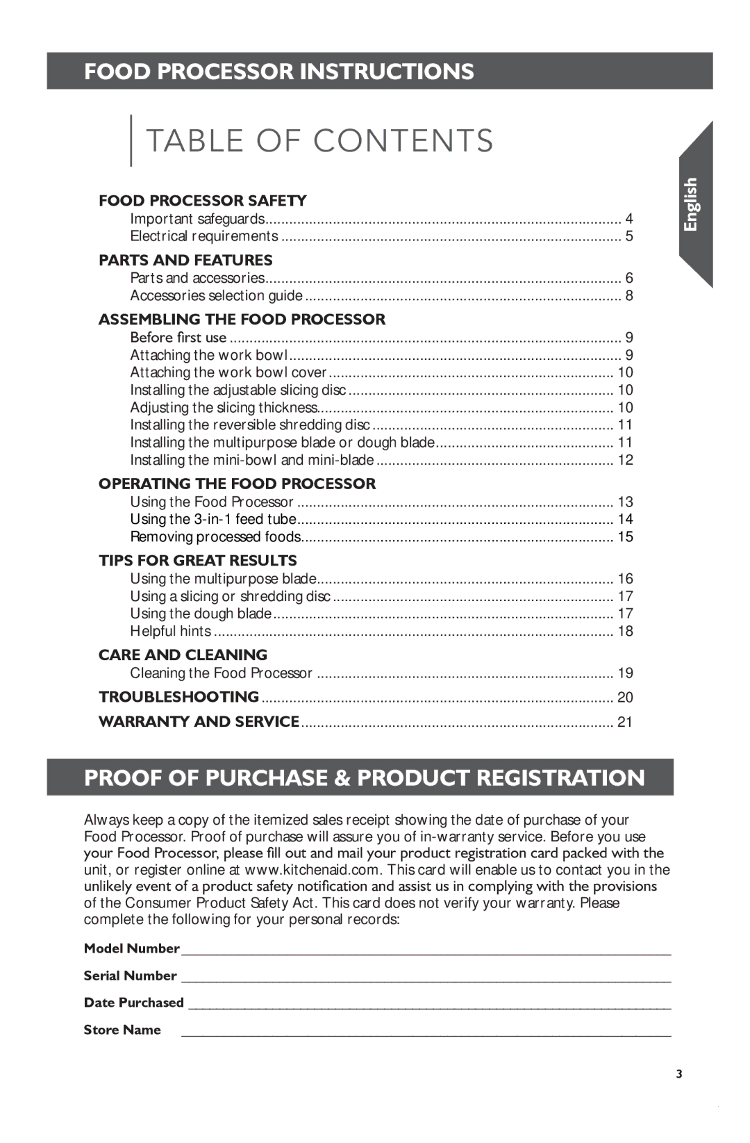 KitchenAid KFP1133 manual Table of Contents 