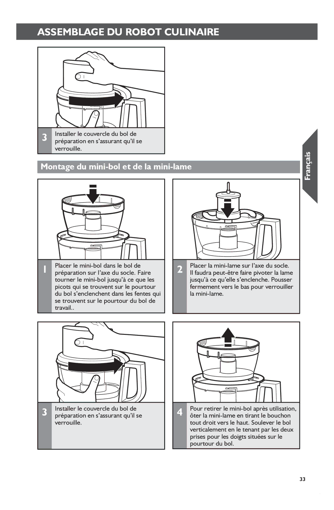 KitchenAid KFP1133 manual Montage du mini-bol et de la mini-lame, Installer le couvercle du bol de, Verrouille 