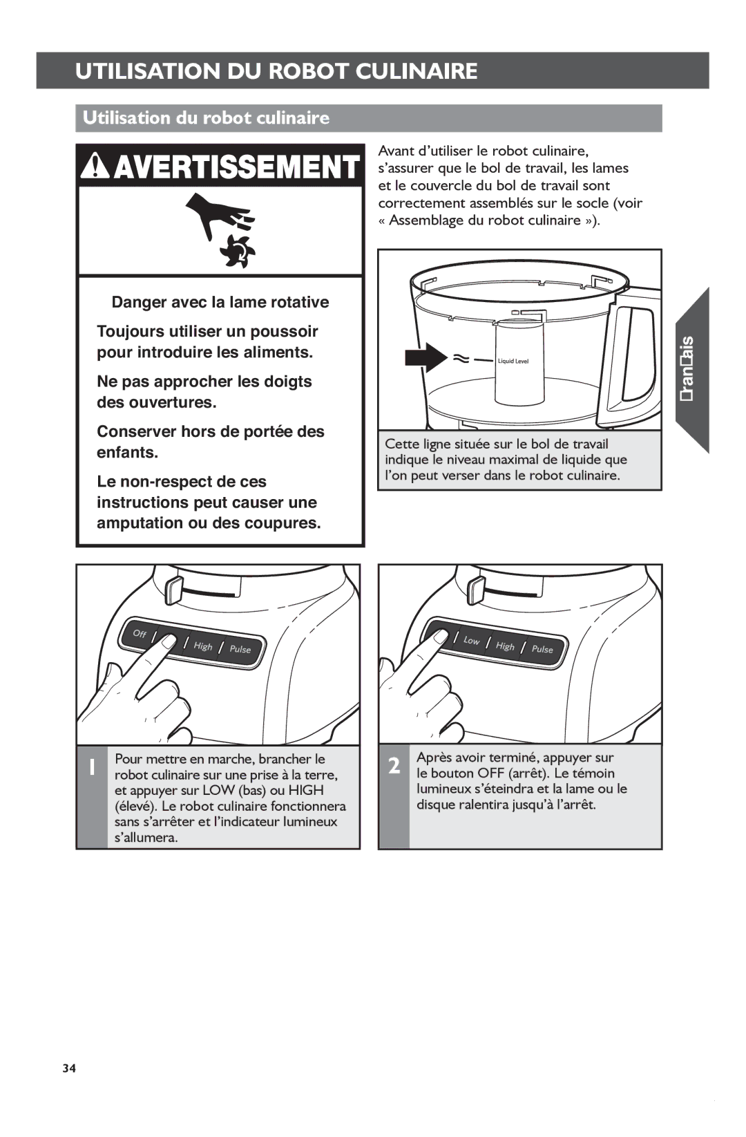 KitchenAid KFP1133 manual Utilisation du robot culinaire, Pour mettre en marche, brancher le 