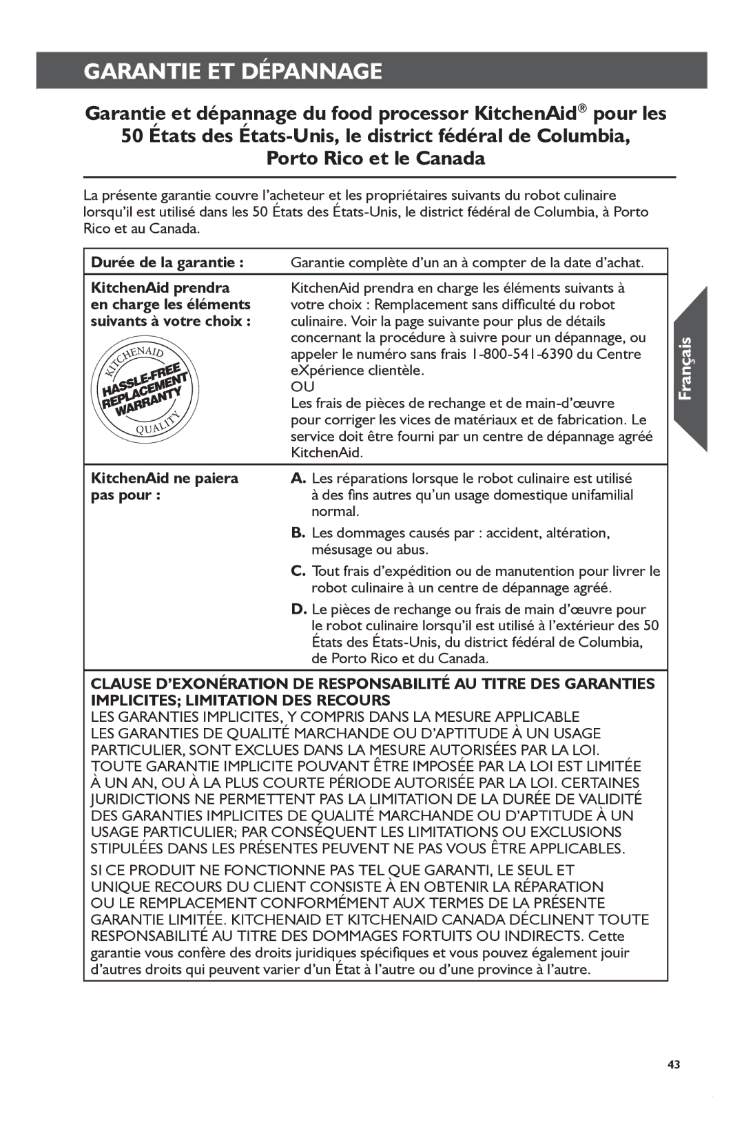 KitchenAid KFP1133 manual Garantieet Dépannage 