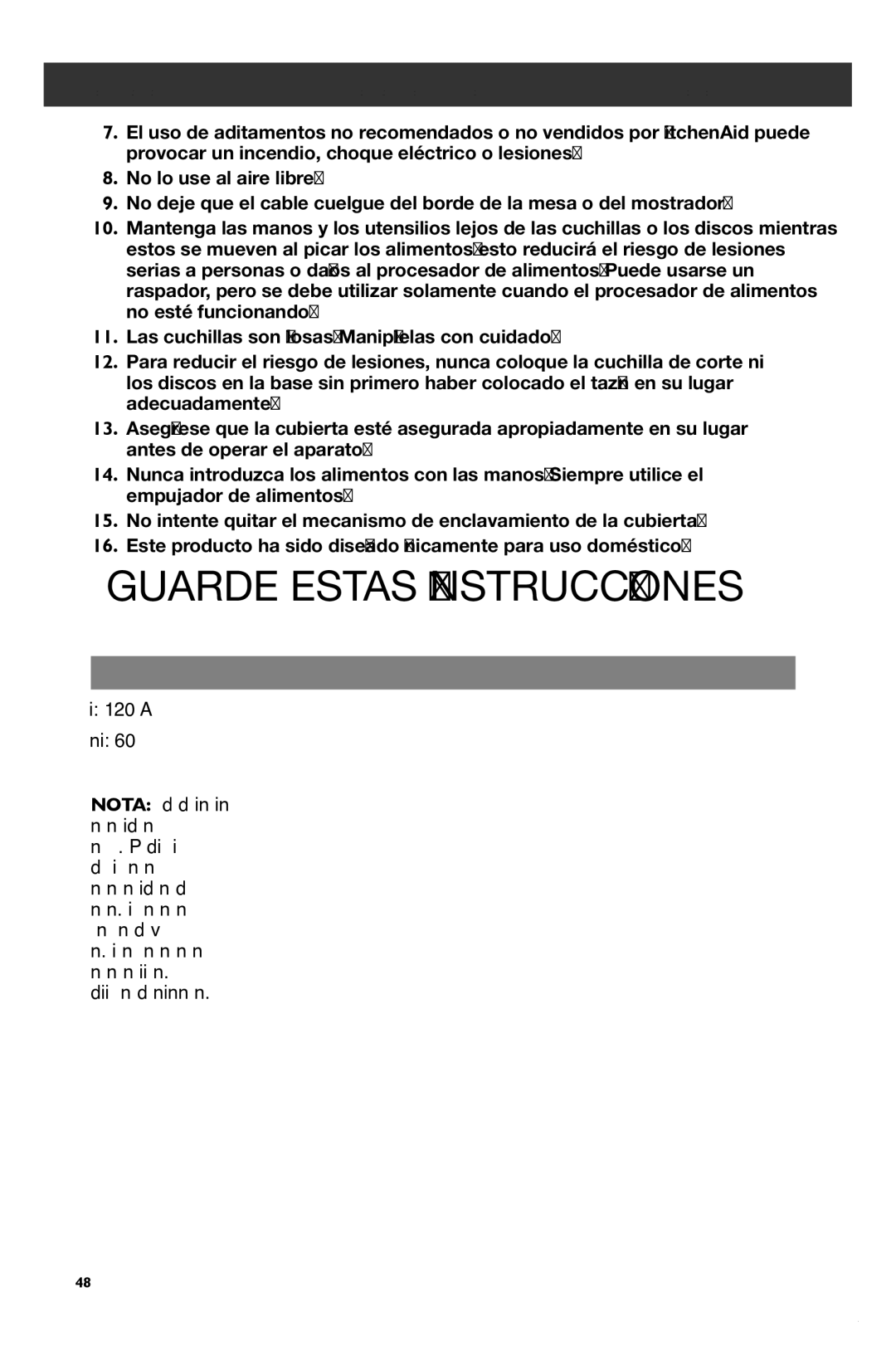 KitchenAid KFP1133 manual Requisitos eléctricos, Voltios 120 VAC Frequencia 60 Hz 