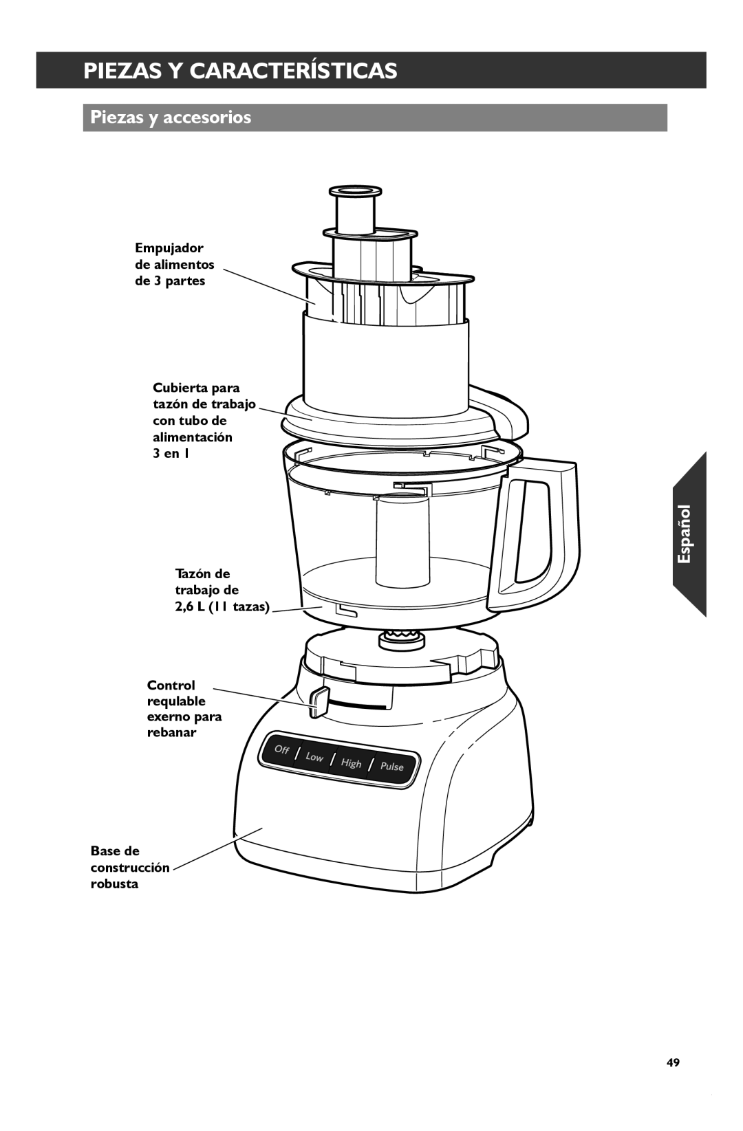 KitchenAid KFP1133 manual Piezas Y Características, Piezas y accesorios, L 11 tazas 