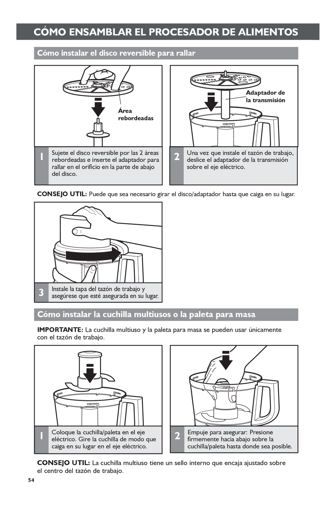 KitchenAid KFP1133 manual Cómo instalar el disco reversible para rallar, Área Rebordeadas 