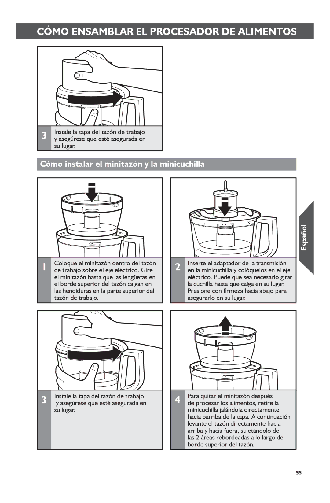 KitchenAid KFP1133 manual Cómo instalar el minitazón y la minicuchilla 