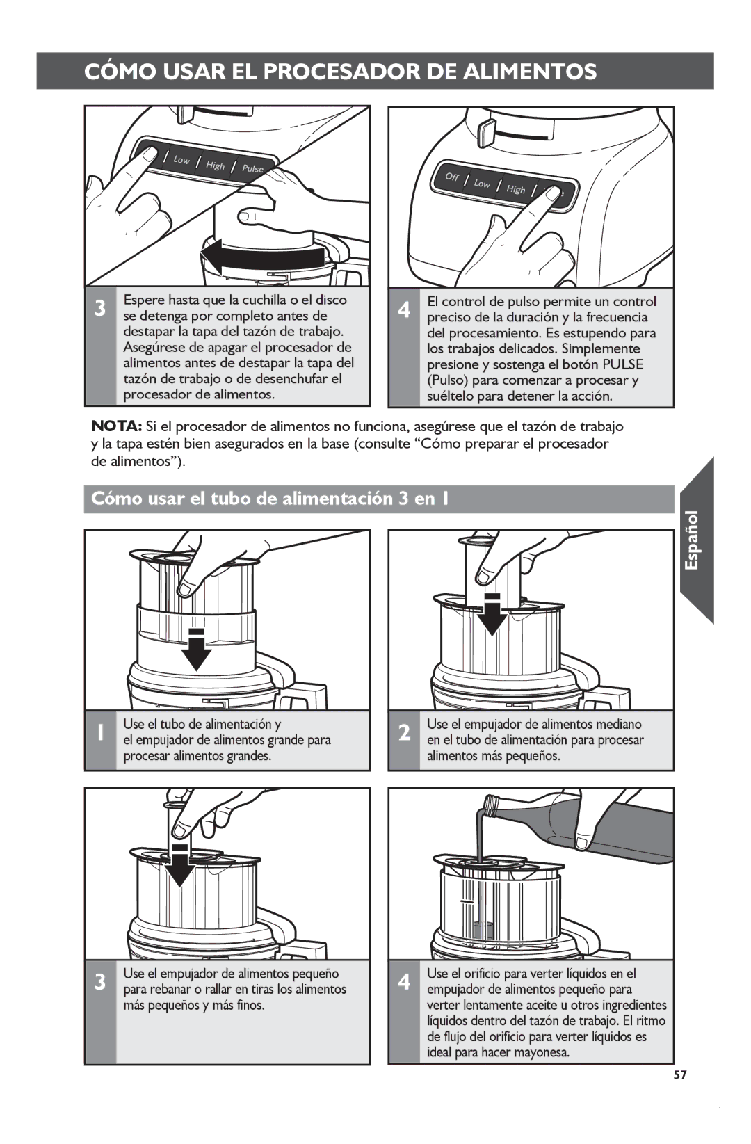 KitchenAid KFP1133 manual Cómo Usar EL Procesador DE Alimentos, Cómo usar el tubo de alimentación 3 en 