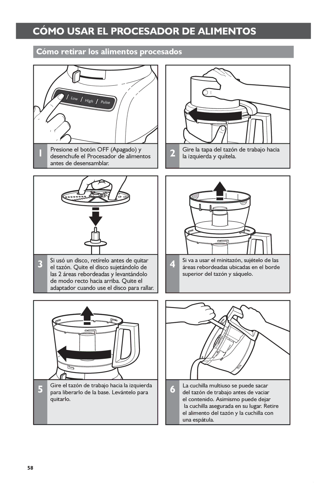 KitchenAid KFP1133 manual Cómo retirar los alimentos procesados 