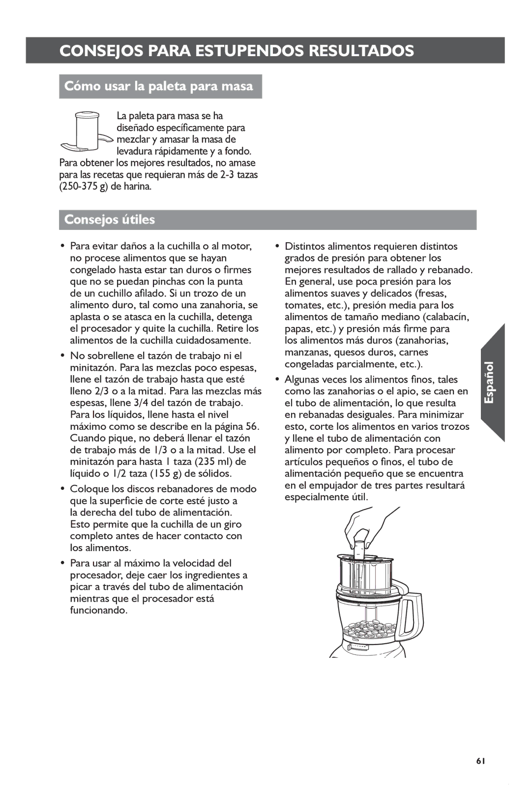 KitchenAid KFP1133 manual Cómo usar la paleta para masa, Consejos útiles 