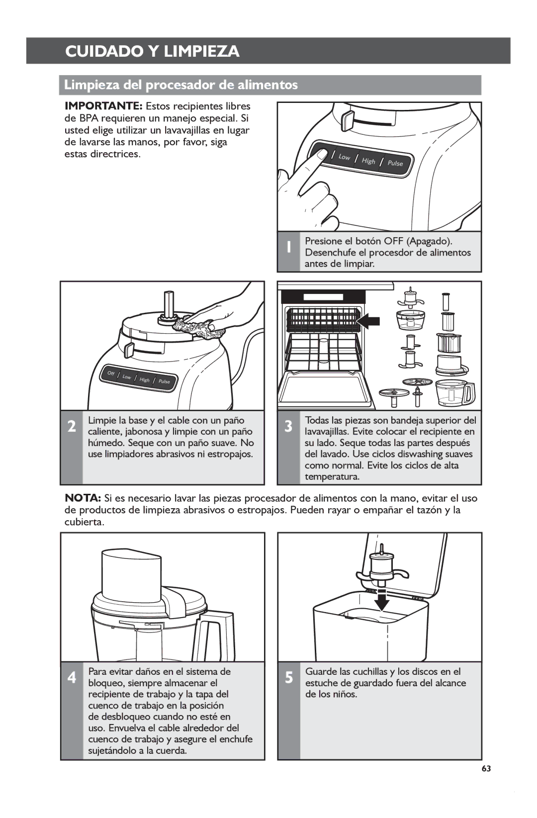 KitchenAid KFP1133 manual Cuidado Y Limpieza, Limpieza del procesador de alimentos 