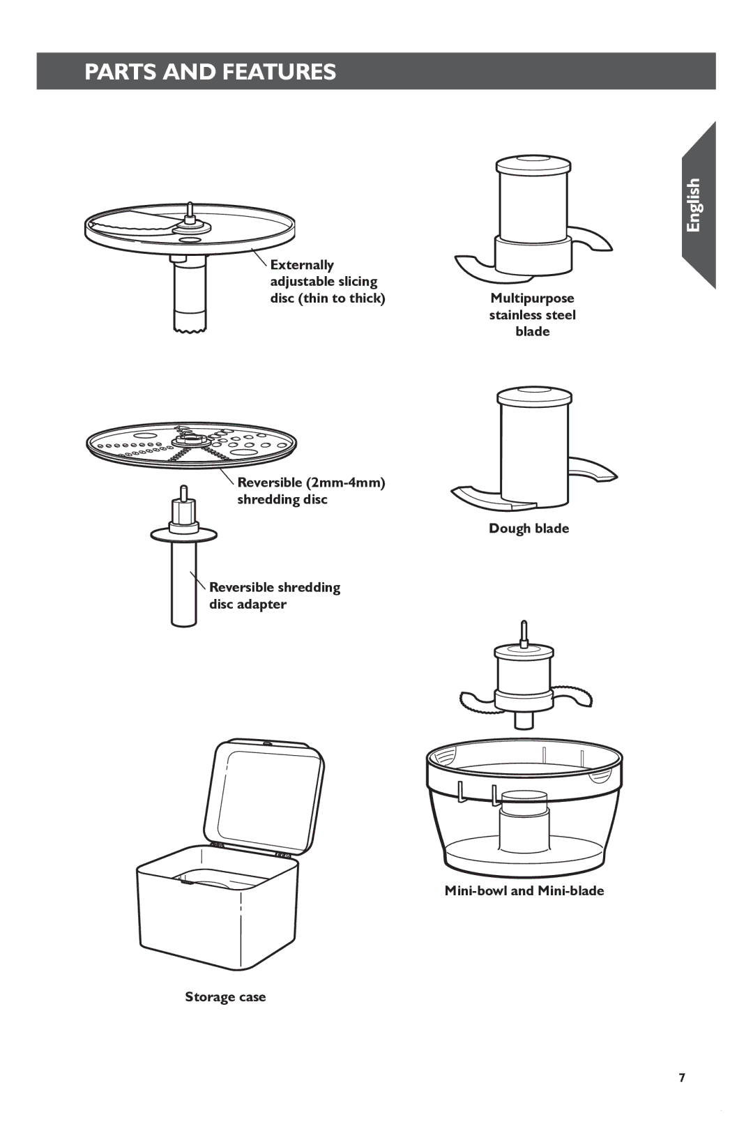 KitchenAid KFP1133 manual Blade, Dough blade, Mini-bowl and Mini-blade Storage case 