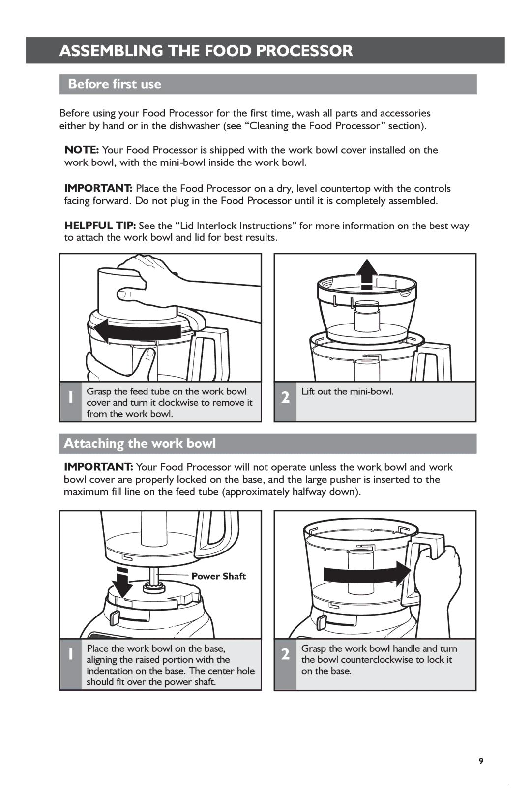 KitchenAid KFP1133 manual Before first use, Attaching the work bowl, From the work bowl, Power Shaft, On the base 