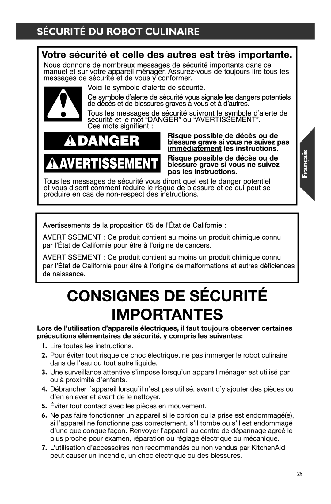 KitchenAid KFP1133 manual Consignes De Sécurité Importantes, Sécurité Du Robot Culinaire, Français 