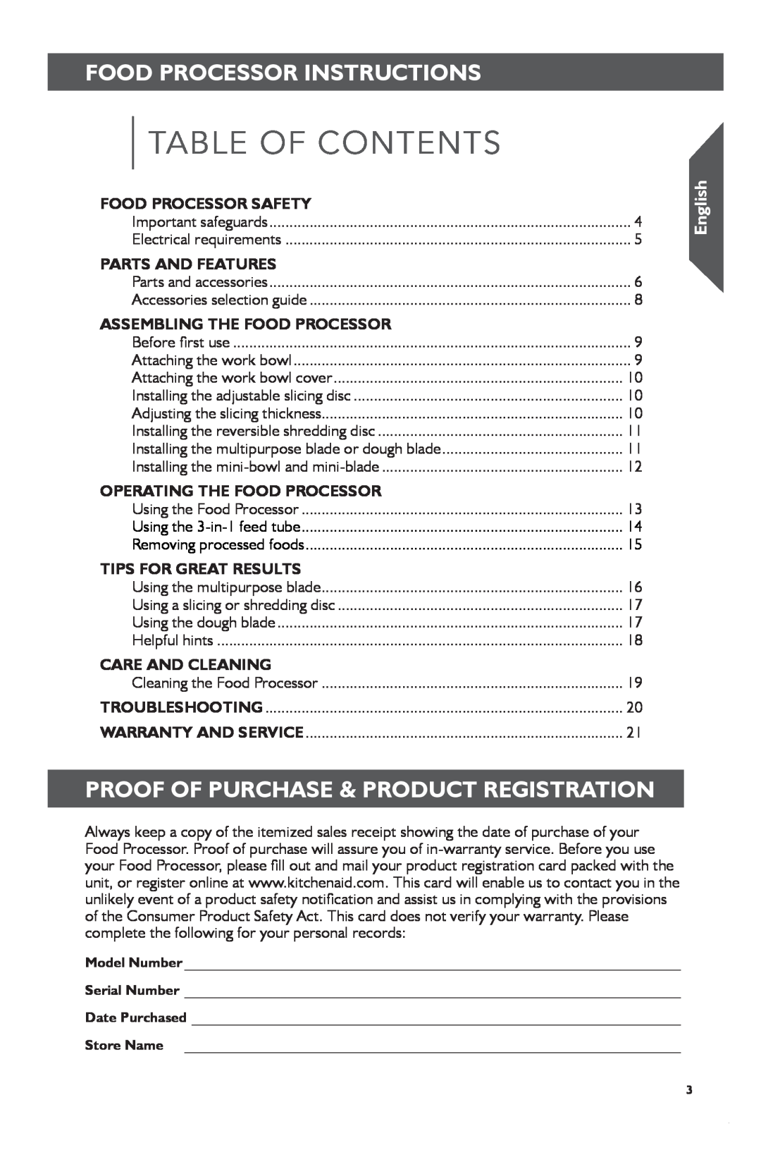 KitchenAid KFP1133 manual Table Of Contents, Proof Of Purchase & Product Registration, English, Food Processor Safety 