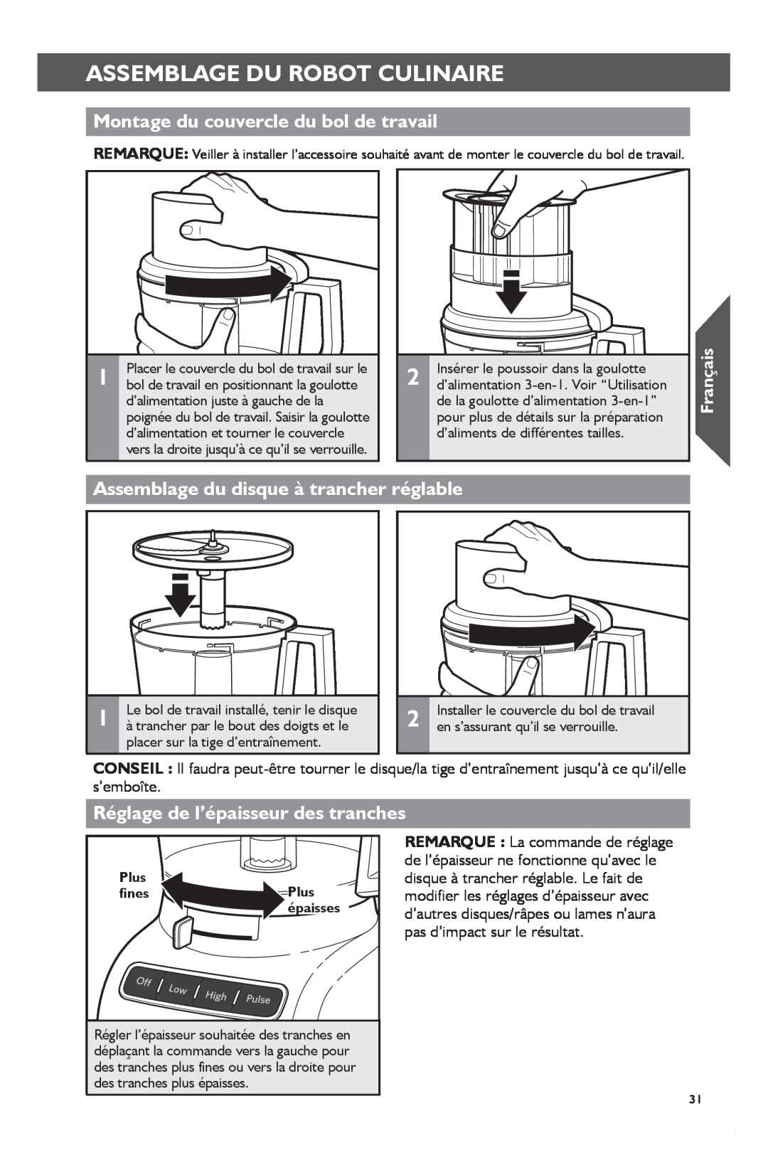 KitchenAid KFP1133 manual Assemblage Du Robot Culinaire, Montage du couvercle du bol de travail, Français 