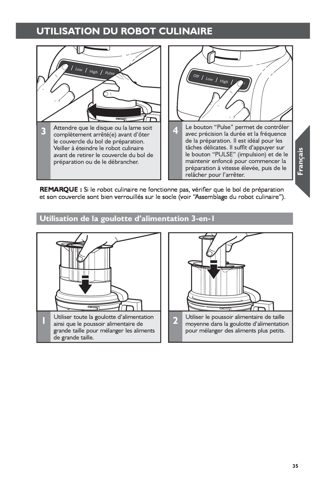 KitchenAid KFP1133 manual Utilisation Du Robot Culinaire, Utilisation de la goulotte d’alimentation 3-en-1, Français 